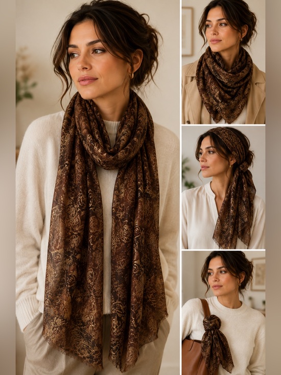 Accessories - Patricia Nash Brown & Gold Metallic Scarf 100% Viscose Elegant Wrap 24” x 78”